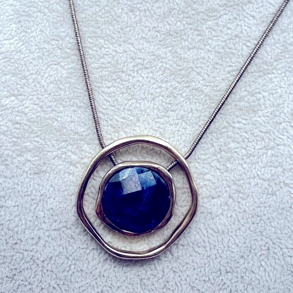 Vintage Lia Sophia Gold-Tone Necklace With Blue Stone Pendant.  A18